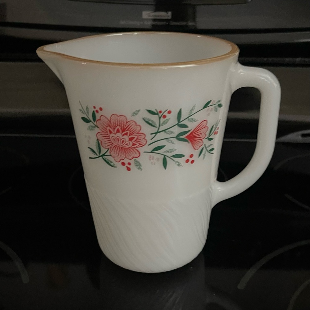 Vintage Termocrisa Pyrex Milk Glass Floral Pitcher